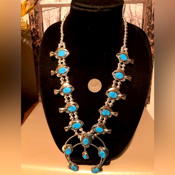 KINGMAN Turquoise Silver Squash Blossom Necklace by Native Jeweler GORGEOUS! ✨ - Picture 2 of 11